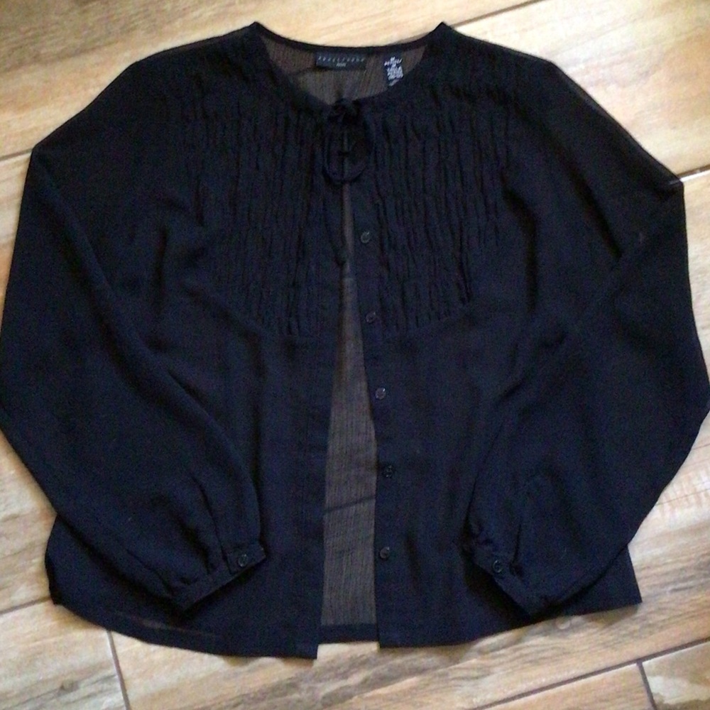 Apostrophe sheer long sleeve Black Pintuck Tie-Neck Blouse